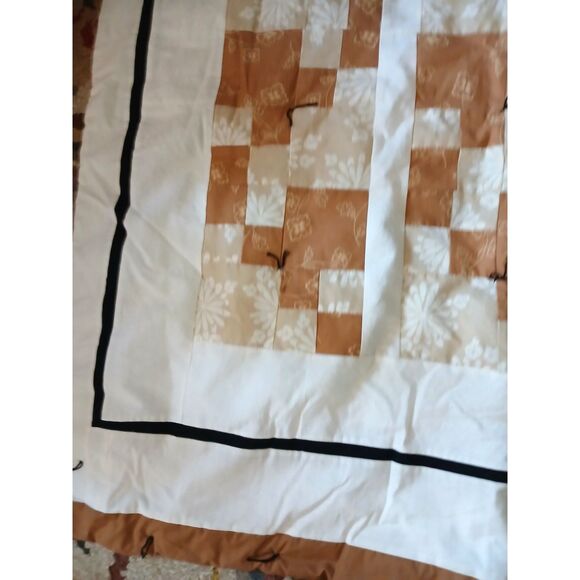 Handmade patchwork lap quilt hand tied tones cream tan brown black trim - Picture 4 of 4